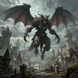 a beholder from dungeons and dragons floating in the air above a fantasy medieval city
