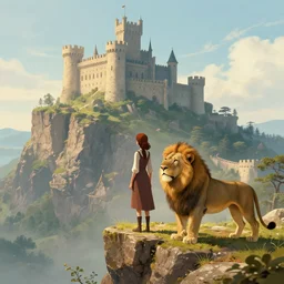 a woman and a lion standing side by side on the ledge of a cliff. an enormous castle is in the distance. by panjoool
