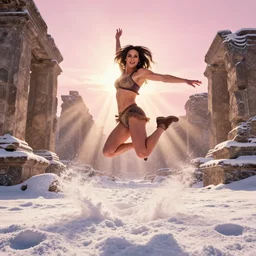 epic portrait of muscled Mila Kunis jumping into deep snow, ancient ruins, prism sun rays through wind swept snow, pink golden hour, intricate, highly detailed, epic vista, very crispy, Ralph Horsley, Daniel F. Gerhartz, Artgerm, Boris Villajo, Lilia Alvarado
