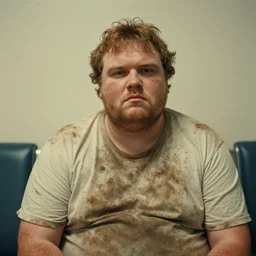 close up portrait of fat redneck man in dirty clothes sitting in hospital waiting room, award winning, kodak gold 2 0 0,