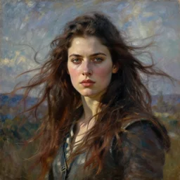 oil portrait of aloy from horizon zero dawn with long hair on a windy day, beautiful angelic woman with an intense face, high - contrast, dramatic lighting, by monet, van gogh, thomas cole, renoir