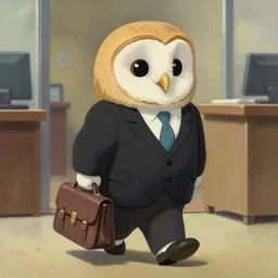 digital oil painting of a cute barn owl in a black suit wearing an office bag going to the office, by Hayao Miyazaki