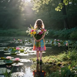 a hobbit girl backlit carrying flowers near a mirror like pond, by martin parr, colorful clothing, springtime flowers and foliage in full bloom, lotus flowers on the water, dark foggy forest background, sunlight filtering through the trees, 3 5 mm photography