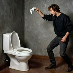 scott wozniak throwing a video game into a toilet, renaissance painting