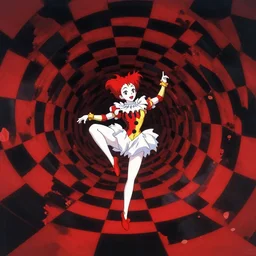 a harlequin dancing in a warping tunnel of red and black checkerboard pattern, anime film still from the an anime directed by katsuhiro otomo with art direction by salvador dali, wide lens
