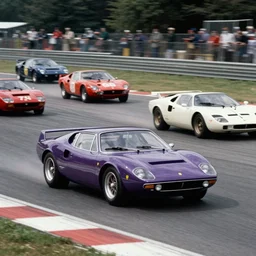 vintage archival race footage of a single, purple, 1965 Ferrari F40, with elements of the De Tomaso Pantera, Lotus, GT40, BMW M1, and Countach, movie still, speed, cinematic Panavision 5384 film