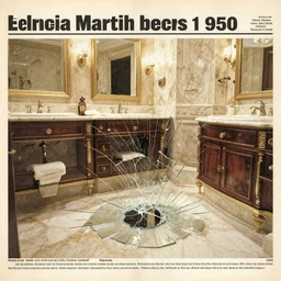 a 1 9 5 0 s newspaper clipping with a photo showing a luxurious bathroom with a smashed mirror shattered on the floor