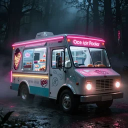 ice - cream truck at nighttime!! vaporwave, silent hill, horror style, foggy, glowing neon
