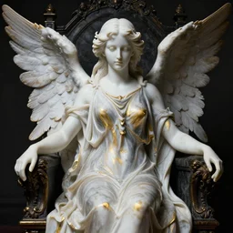 a beautiful white angel on the dark throne, highly detailed face, nordic golden gray fluid marble statue, very long, baroque, viktor antonov, sergey kolesov,