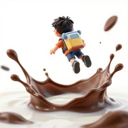 a shoot from behind of a boy with a cartoon style jetpack, the boy is flying above a sea of liquid chocolated milk, white background, hyperreal, there are huge hyperreal splashes of liquid semitransparent chocolate all over the scene, high quality, concept art, 4 k, artstation