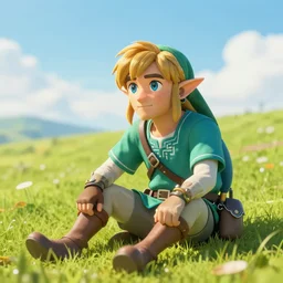 A photo of Link from Zelda sitting in a field on a sunny day with clouds in the sky, he is very old