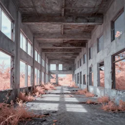 a beautiful photorealistic painting of architecture hall abandoned building nature urbex industrial architecture by noah bradley, infrared futuristic studio ghibli lightpaint poppy at night extraterrestial dieselpunk universe neon noir, archdaily, wallpaper, highly detailed, trending on artstation.