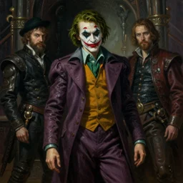 realistic renaissance full figure portrait painting of a lee bermejo joker in dark dungeon, jodhpurs greg manchess painting by sargent and leyendecker, studio ghibli, medium shot asymmetrical intricate elegant illustration hearthstone, by greg rutkowski by greg tocchini by cristian sauret