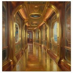 a corridor on the atlantis paradise, a retro futuristic spaceship made of brass bronze gold, art deco influence, hotel style design. beautiful clear well composed painting by artgerm and greg rutkowski.