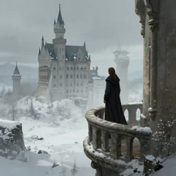 matte painting of a figure standing on the balcony of a fantasy castle overlooking a desolate snowy landscape