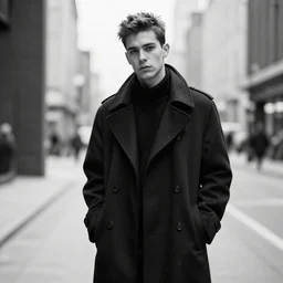 gigachad in a duffel coat, black and white photo