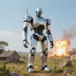 Amazing photorealistic digital concept art of a guardian robot in a rural town, by James Clyne and Joseph Cross. Cinematic. LED lighting. A bright billowing explosion in the distance. Wide angle. Clean lines. Balanced composition.