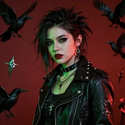 beautiful fantasy character portrait, of a young woman, wearing a emo outfit, leather jacket, silver studs, punk hair, ultra realistic, dramatic red and green lighting, the crow artifacts,