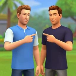 realistic mark zuckerburg and sims 3 d style mark zuckerburg pointing at each other