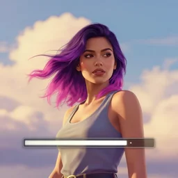 a stunning GTA V loading screen with a beautiful woman with ombre hairstyle in purple and pink blowing in the wind, beautiful sky with cumulus couds, golden ratio, digital art, trending on artstation