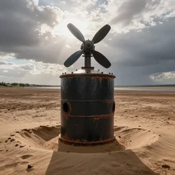 large a black rusted metal cylinder with portholes and a propeller on top in a dried out bed lake partially submerged in sand
