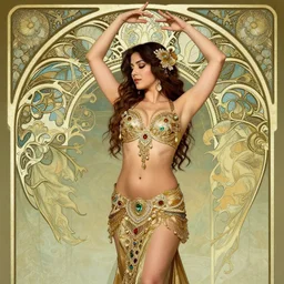 beautiful and playful bellydancer, art nouveau, fantasy, intricate oriental designs, elegant, highly detailed, sharp focus, art by chie yoshii