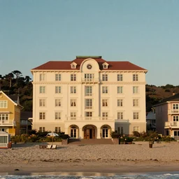 accidentally wes anderson award - winning photograph of a beautiful hotel in a beach town, art by greg rutkowsky, trending on artstation, cinematic lighting, filmic grain, golden hour, detailed, 4 k