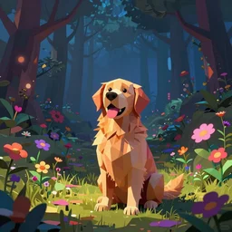 low poly, pixar, golden retriever, magic realism, flowerpunk, mysterious vivid colors by andy kehoe and amanda clarke en un mundo de gediminas pranckevicius y shamsia hassani