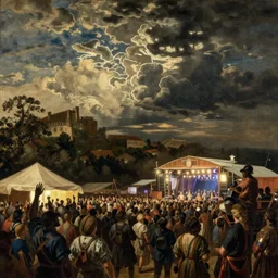 a crowded glastonbury music festival by Pieter Bruegel the Elder