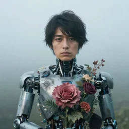 photographic portrait of sad max ernst tetsuo shinya tsukamoto floral robotic, in fog, editorial