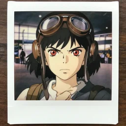 a polaroid film portrait stil of an very angry 1 9 5 0's aviator disney style girl, red eyes, finely detailed features, closeup at the faces, perfect art, in the airport yard, gapmoe yandere grimdark, trending on pixiv fanbox, painted by greg rutkowski makoto shinkai takashi takeuchi studio ghibli, akihiko yoshida,
