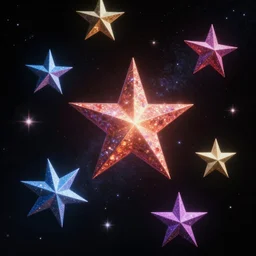 multiple stars in colorful night sky, highly detailed, volumetric dramatic light, dark black background, sharp focus, highly realistic, octane render, art by greg rutsowski
