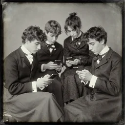 daguerreotype of victorian teens scrolling through facebook