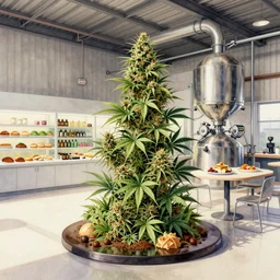 modern day western australian cannabis pot plant cake cafe factory with breakfast and brunch, hyperrealistic watercolour pop art cute cannabis plants and a mini laboratory. by rembrant, battle angel alita, ralph mcquarrie, aluminum, 2 0 2 5