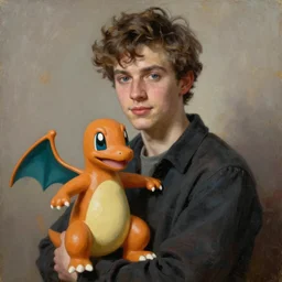 a beautiful painting dramatic portrait of a young man holding a realistic charmander by greg rutkowski and rembrandt, featured on artstation