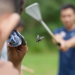 from the eye perspective of a housefly getting swatted at from a man with a fly swatter