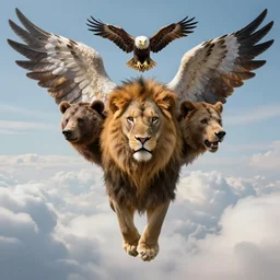 full body portrait angelic warrior hovering above the clouds with the head of a lion, head of a bear, head of an eagle and wings