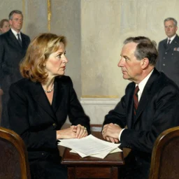 liz cheney being judged at the nuremberg trials, artist norman rockwell,
