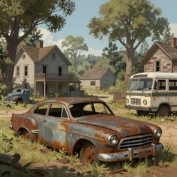 fallout 5, rural wastelands, small town, abandoned rusted retro futuristic vintage car and truck, buses, overgrown ruined houses, trees run rampant, illustration, perfectly shaded, soft painting, art by krenz cushart and wenjun lin