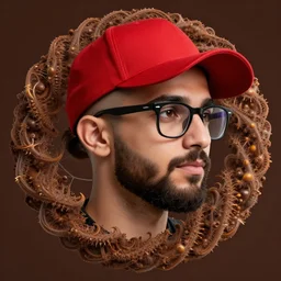 a beautiful fractal mandelbulb young cute shaved ducktail bearded middle eastern american man with wayfarer glasses and red baseball cap with multiple brown eyes by alex gray, android jones, karol bak, ayami kojima, artgerm, concept art, sharp angles, robot, 3 d, octane render, 8 k, unreal engine