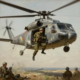 a painting of a deploying soldier from a helicopter in the gulf war by Bernardo Bellotto, high detail, hyperrealistic, concept art, artstation, 8k