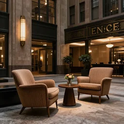 photo of a comfortable art-deco lounge chairs, standing in large entrance hall of an art-deco skyscraper, dramatic lighting