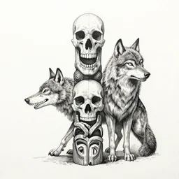 A totem with a skull and an wolf, lovecraft, ink on paper, coherent, symmetrical, intricate, high detail, digital painting, octane render, 4k, trending on artstation