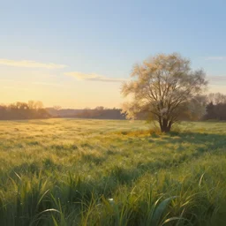 landscape, volumetric lighting, dew, spring evening, clear weather, ( few clouds ), realistic illustration, golden hour, perfectly shaded, soft painting, art by krenz cushart and wenjun lin