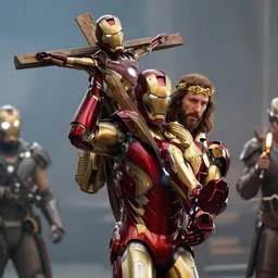 full shot photograph of jesus christ being carried by iron man on doomsday, photorealistic, cinematic lighting, extremely detailed, marvel cinematic universe