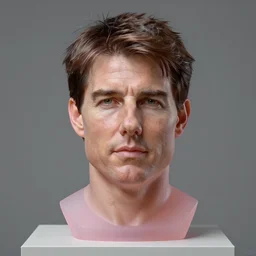 studio photograph of hyperrealistic accurate portrait sculpture of tom cruise, beautiful symmetrical!! face accurate face detailed face realistic proportions, made of pink frosted glass on a pedestal by ron mueck and matthew barney and greg rutkowski, hyperrealism cinematic lighting shocking detail 8 k