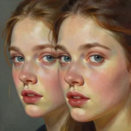A beautiful close-up is gorgeous sister , digital art by Edward Hopper, vibrant color scheme, highly detailed, in the style of romanticism, fine Art, high detail, great lighting, 8k resolution, masterpiece, concept art, illustration, clear eyes, soft lighting, soft details, painting oil on canvas, octane render, HDR, trending on artstation