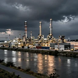 view of the from across the river robot factory by simon stalenhag and zaha hadid