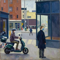 oil on canvas, painting from edward hopper, in the style of nighthawks, weating ffp 2!!! masks, covid!!!, lime scooters and trash on the street, 1 9 4 2, modern art, realism, modernism, american realism, social realism