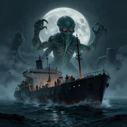 a ship being attacked by a cthulhu in an ocean, moon, digital painting, artstation, dark, fog